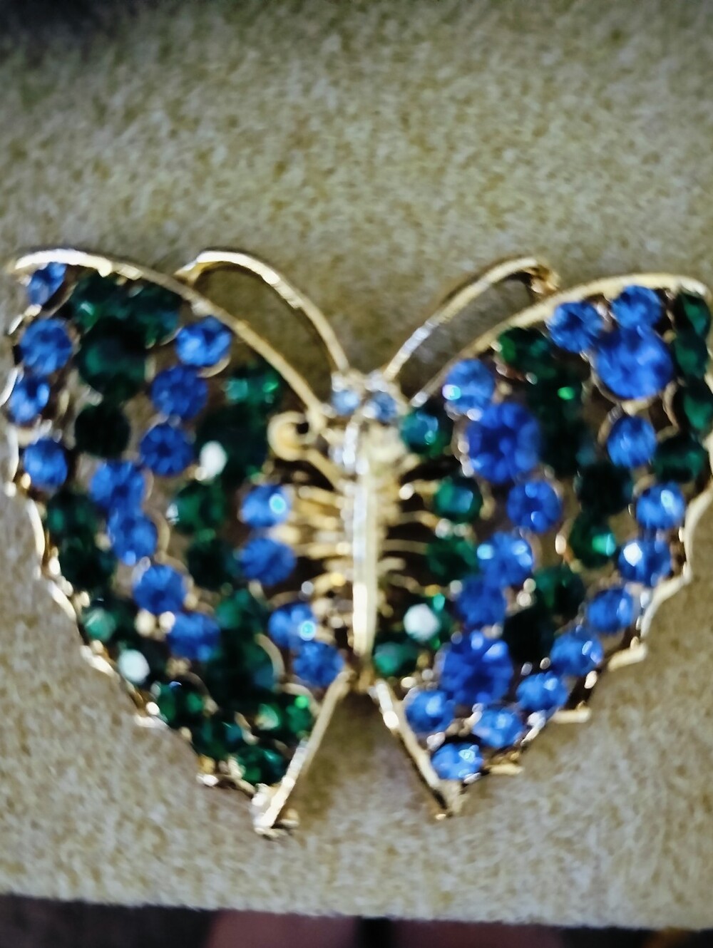 Gold Butterfly Brooch with Blue and Green Crystals - Women's Jewelry
